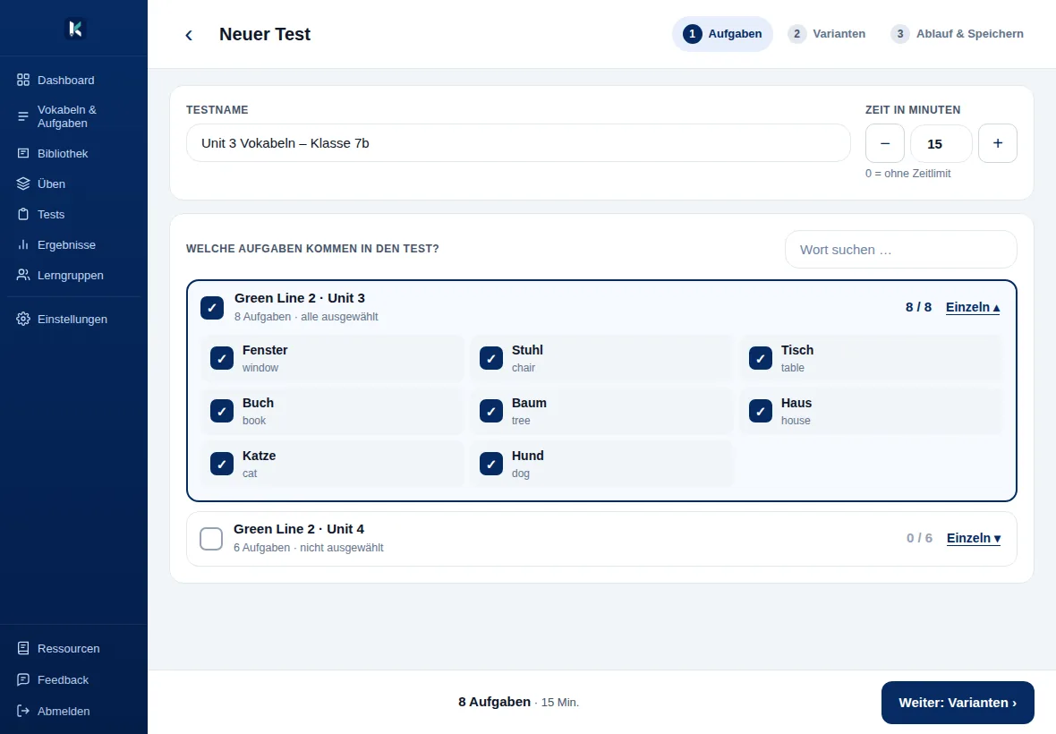 Kando: Test erstellen, die Unit ist mit allen acht Vokabeln angehakt