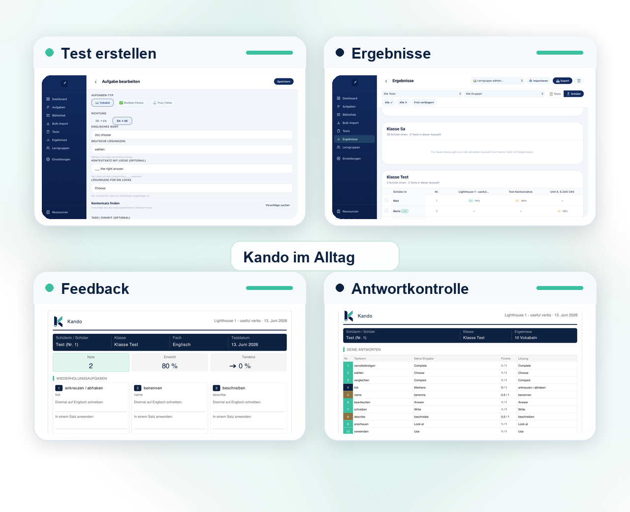 Kando WebApp Vorschau mit Aufgaben, Ergebnissen und Rückmeldungen